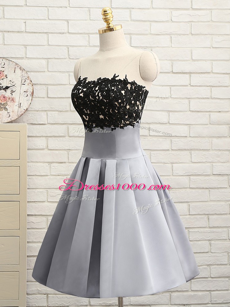Fantastic Grey Satin Side Zipper Strapless Sleeveless Mini Length Evening Dress Lace and Appliques