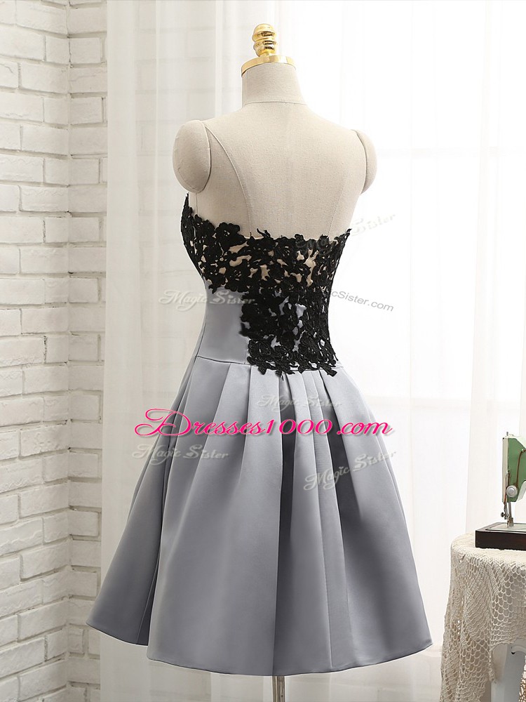 Fantastic Grey Satin Side Zipper Strapless Sleeveless Mini Length Evening Dress Lace and Appliques