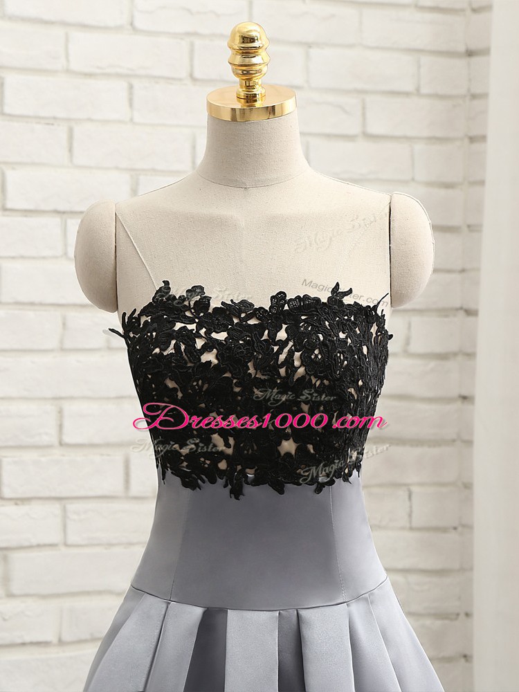 Fantastic Grey Satin Side Zipper Strapless Sleeveless Mini Length Evening Dress Lace and Appliques