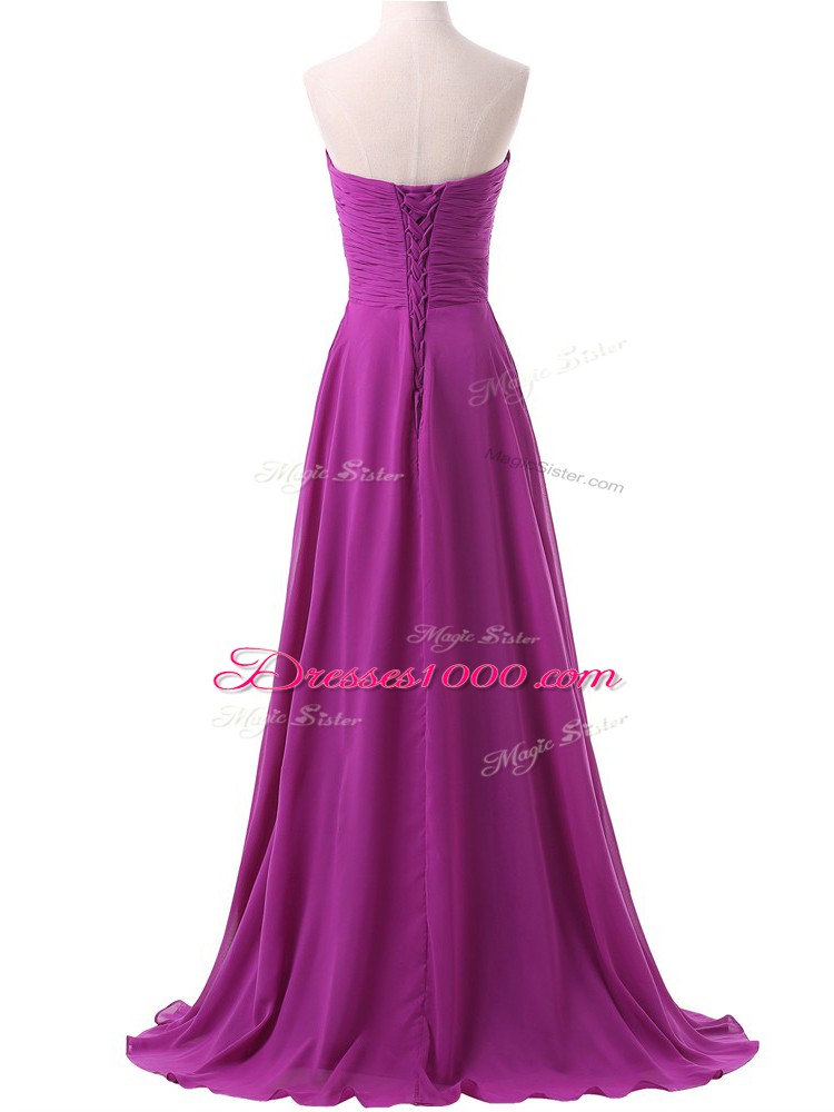Flare Eggplant Purple Sleeveless Chiffon Brush Train Lace Up Homecoming Dress for Prom and Party and Military Ball