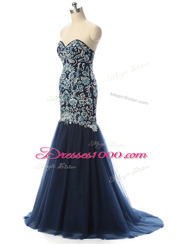 Navy Blue Tulle Zipper Sweetheart Sleeveless With Train Pageant Dress for Womens Beading and Embroidery