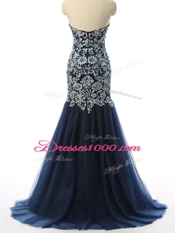Navy Blue Tulle Zipper Sweetheart Sleeveless With Train Pageant Dress for Womens Beading and Embroidery