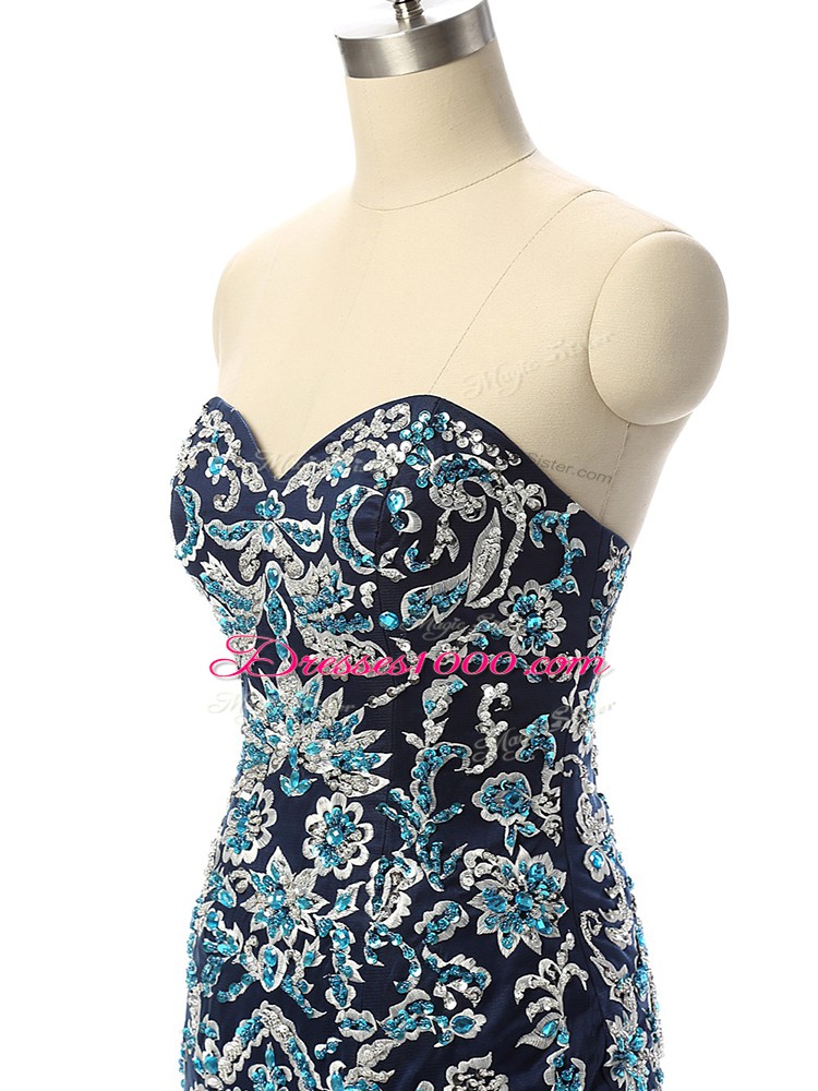 Navy Blue Tulle Zipper Sweetheart Sleeveless With Train Pageant Dress for Womens Beading and Embroidery