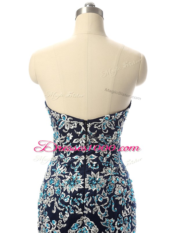 Navy Blue Tulle Zipper Sweetheart Sleeveless With Train Pageant Dress for Womens Beading and Embroidery