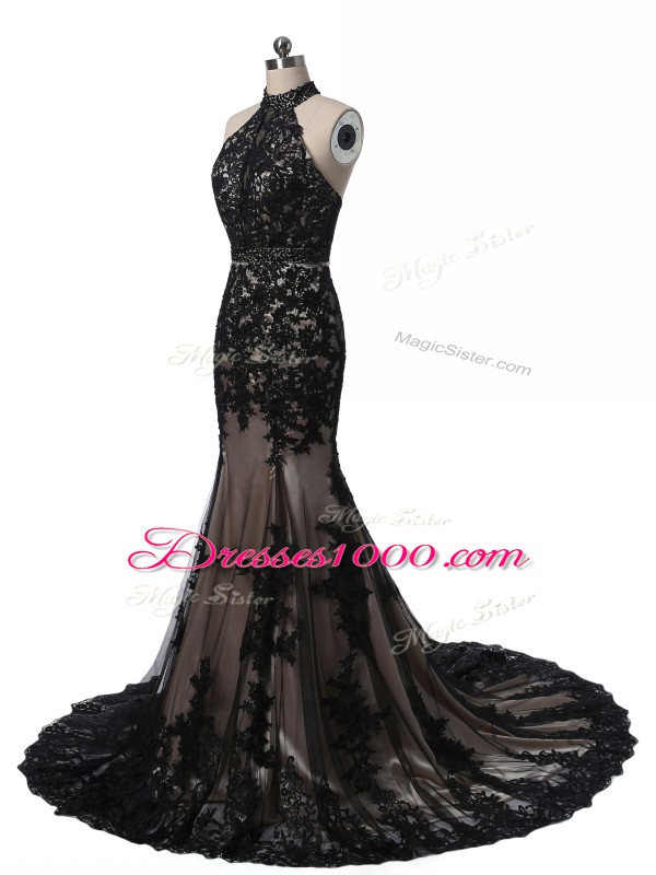 High Quality Black Mother of the Bride Dress Tulle and Lace Brush Train Sleeveless Lace and Appliques