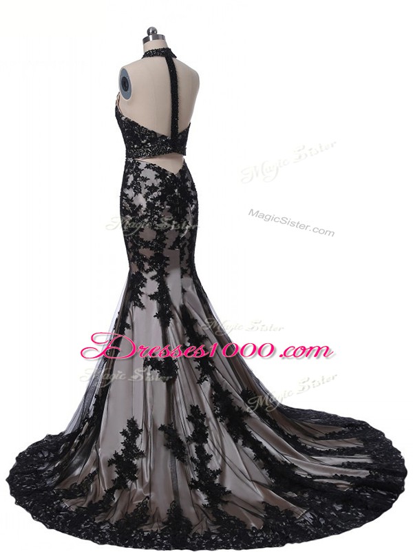 High Quality Black Mother of the Bride Dress Tulle and Lace Brush Train Sleeveless Lace and Appliques