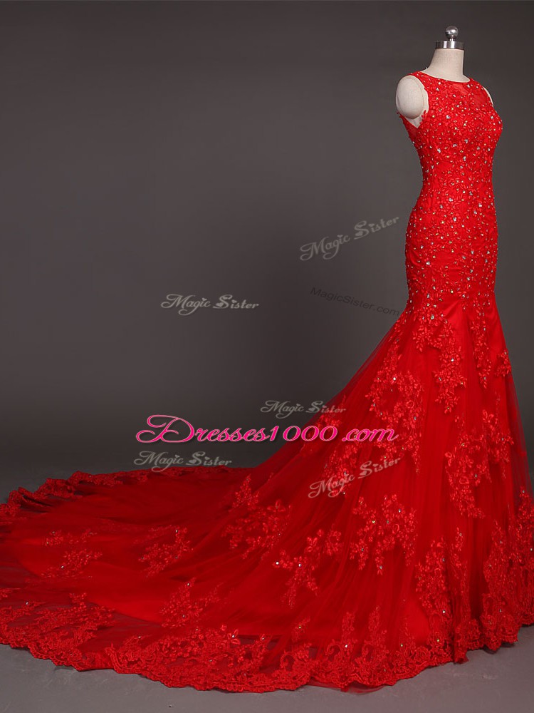 Fashion Scoop Sleeveless Lace Dress for Prom Beading and Lace and Appliques Court Train Backless