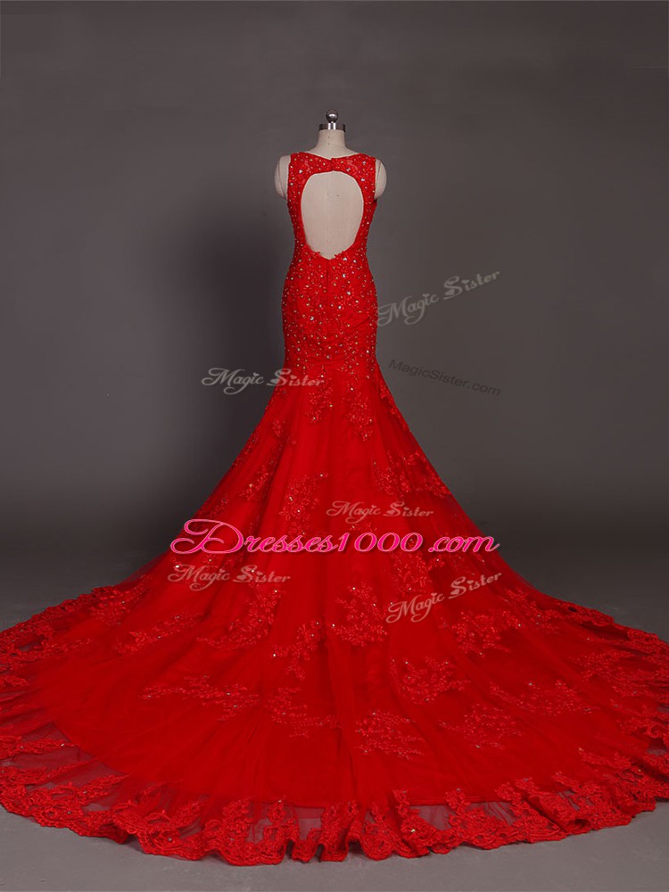 Fashion Scoop Sleeveless Lace Dress for Prom Beading and Lace and Appliques Court Train Backless