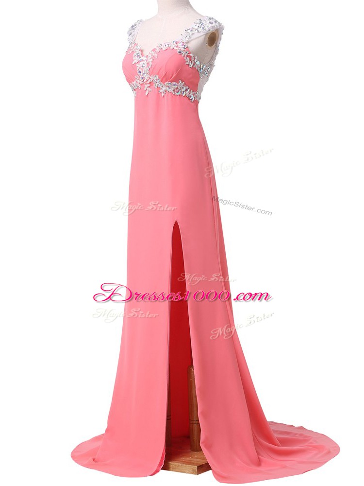 Watermelon Red Zipper Going Out Dresses Beading and Appliques Cap Sleeves Brush Train