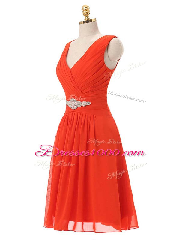Sleeveless Knee Length Beading and Ruching Zipper Prom Dresses with Red