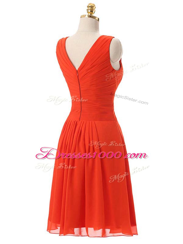 Sleeveless Knee Length Beading and Ruching Zipper Prom Dresses with Red