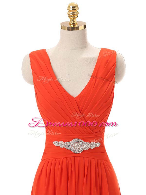 Sleeveless Knee Length Beading and Ruching Zipper Prom Dresses with Red
