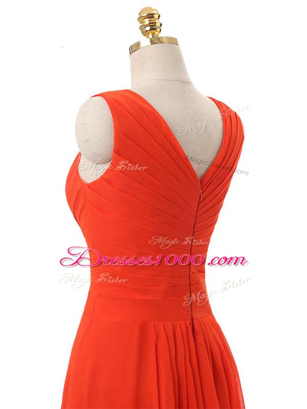 Sleeveless Knee Length Beading and Ruching Zipper Prom Dresses with Red