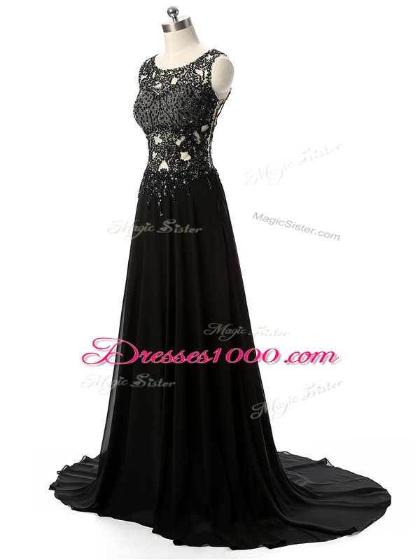 Black Side Zipper Evening Party Dresses Beading and Lace and Appliques Sleeveless Brush Train