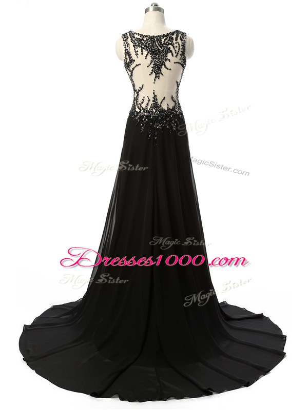 Black Side Zipper Evening Party Dresses Beading and Lace and Appliques Sleeveless Brush Train
