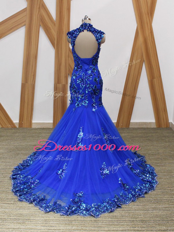 Chic Royal Blue High-neck Neckline Lace and Appliques Prom Gown Sleeveless Backless