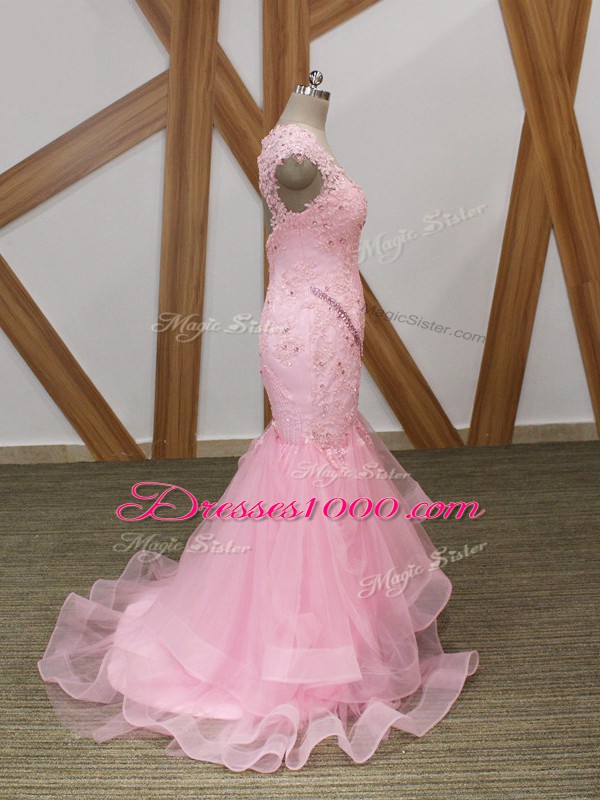 Classical Mermaid Formal Evening Gowns Baby Pink V-neck Tulle Cap Sleeves Backless