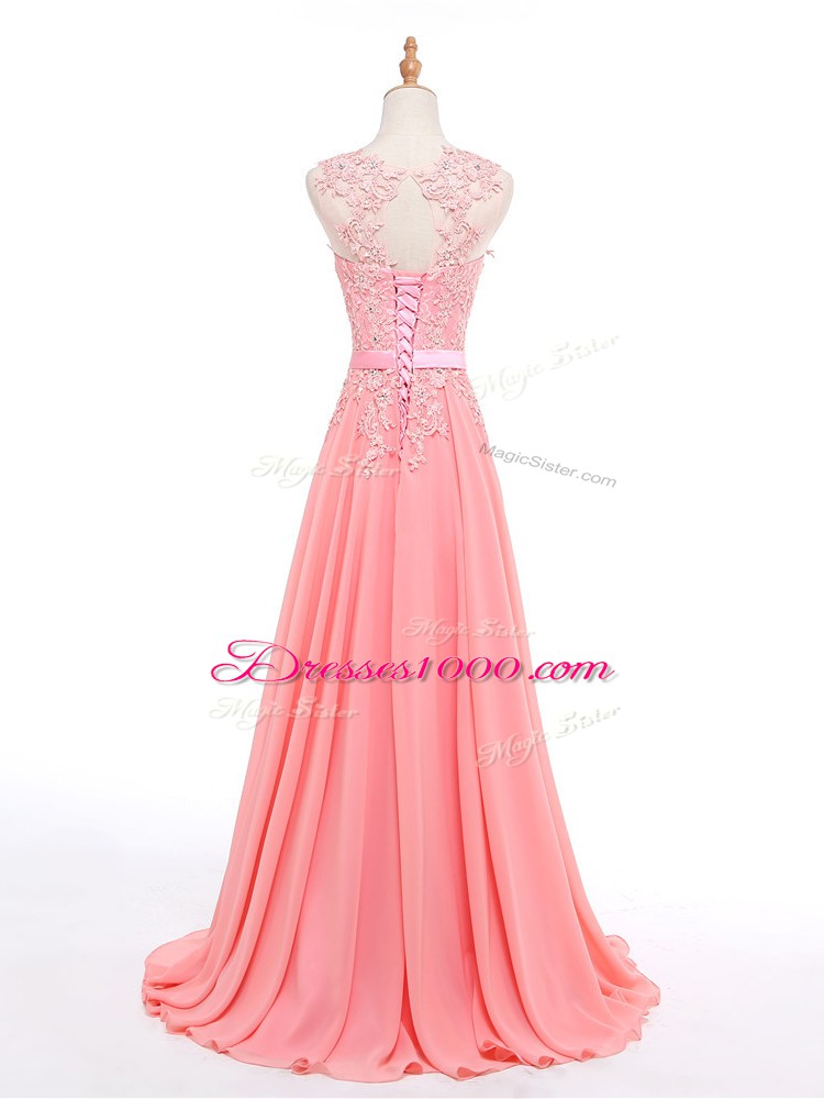 Sumptuous Watermelon Red Lace Up Prom Party Dress Beading and Lace Sleeveless Brush Train