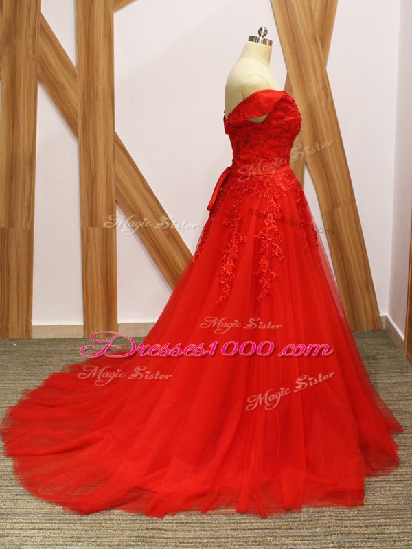 Coral Red Lace Up Lace and Appliques Sleeveless Brush Train