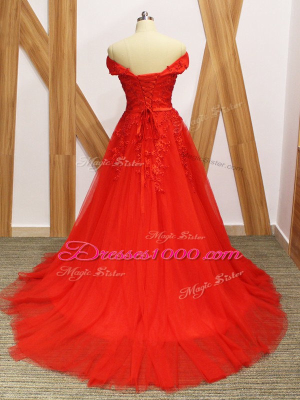 Coral Red Lace Up Lace and Appliques Sleeveless Brush Train