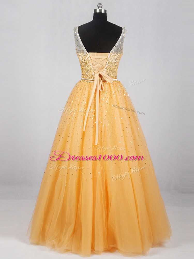 Sophisticated Floor Length A-line Sleeveless Gold Prom Evening Gown Lace Up