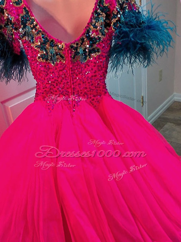 Wonderful Short Sleeves Mini Length Beading and Sequins Zipper Party Dress for Girls with Fuchsia