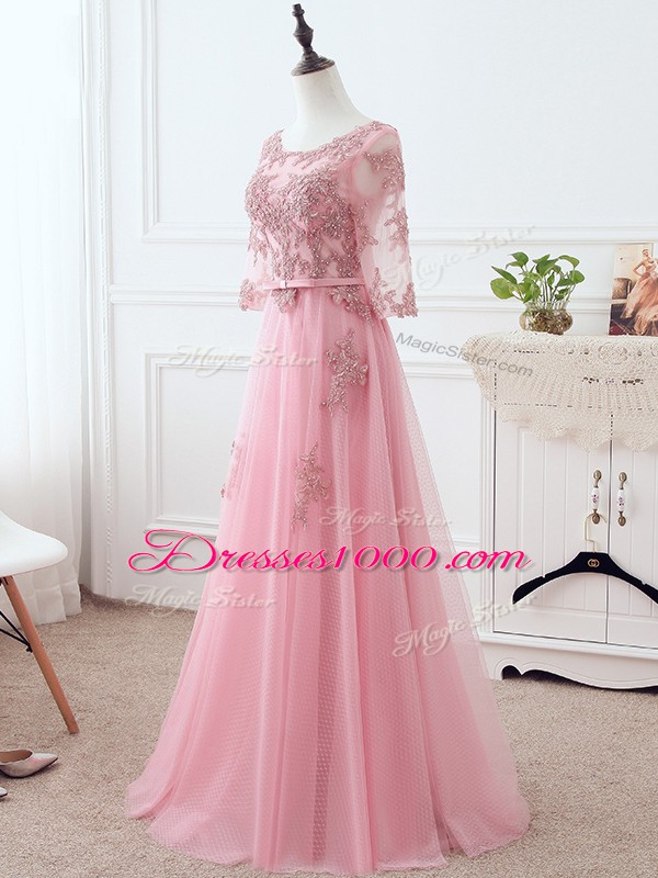Luxury Pink Empire Lace and Appliques and Belt Mother of Groom Dress Lace Up Tulle 3 4 Length Sleeve Floor Length