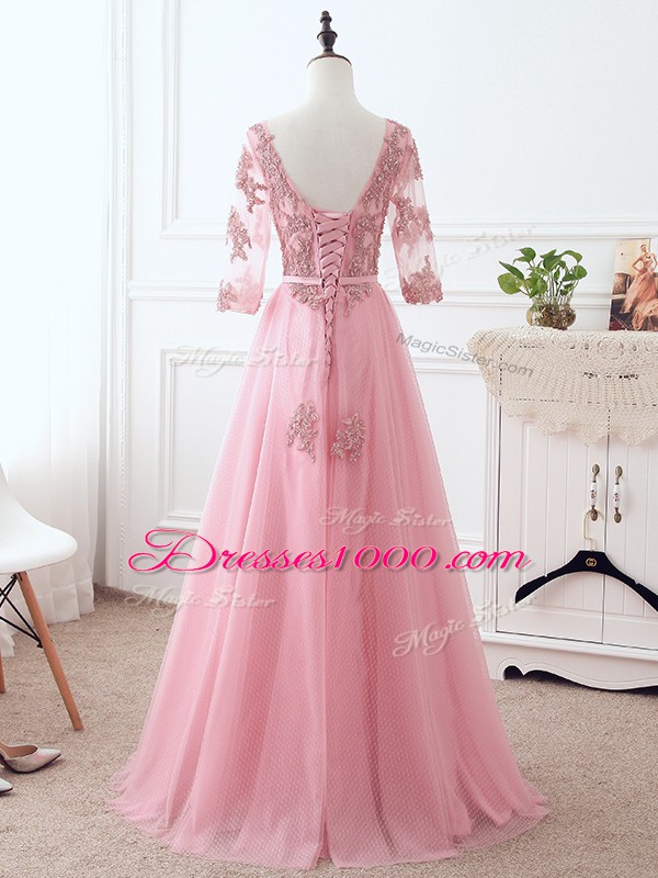 Luxury Pink Empire Lace and Appliques and Belt Mother of Groom Dress Lace Up Tulle 3 4 Length Sleeve Floor Length