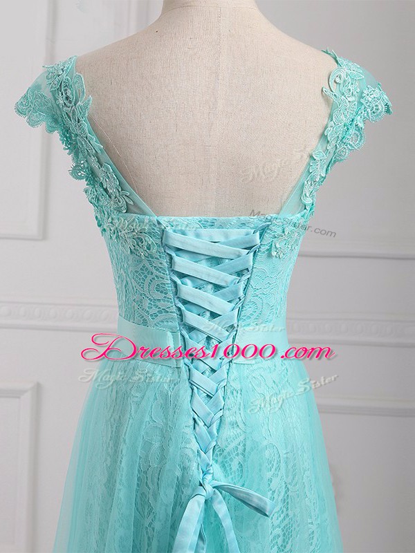V-neck Cap Sleeves Tulle and Lace Mother of the Bride Dress Beading and Appliques Lace Up