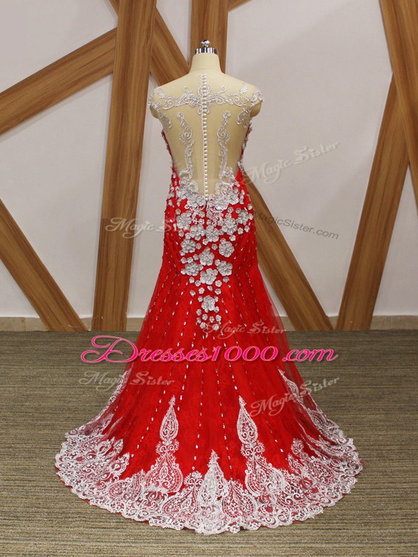 Red Column/Sheath V-neck Cap Sleeves Tulle Brush Train Zipper Beading and Lace and Appliques Evening Party Dresses