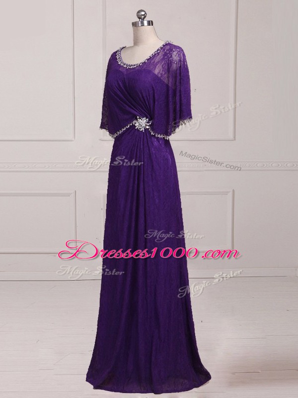 Luxurious Purple Empire Lace Scoop Sleeveless Beading and Appliques Floor Length Zipper Mother Dresses