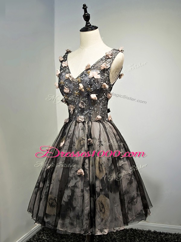 Black Lace Up Hand Made Flower Sleeveless Mini Length