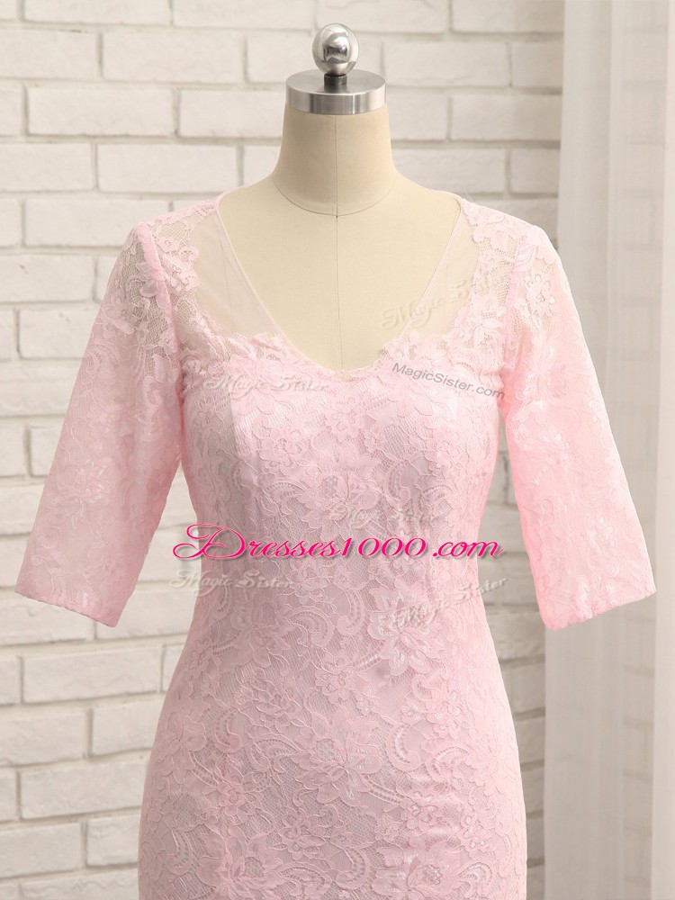 Baby Pink Half Sleeves Floor Length Lace and Appliques Zipper Mother Dresses