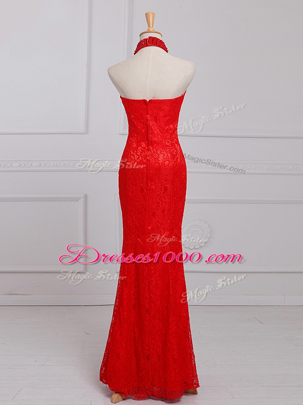 Clearance Sleeveless Floor Length Beading and Lace Zipper Prom Party Dress with Red