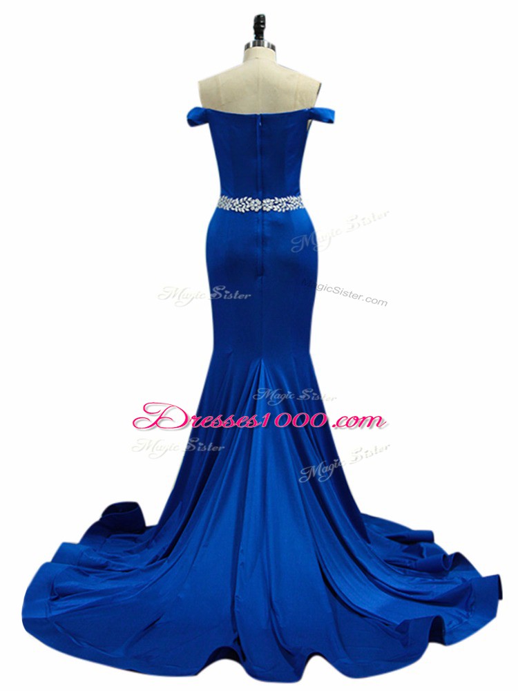 Royal Blue Prom Gown Off The Shoulder Sleeveless Brush Train Zipper