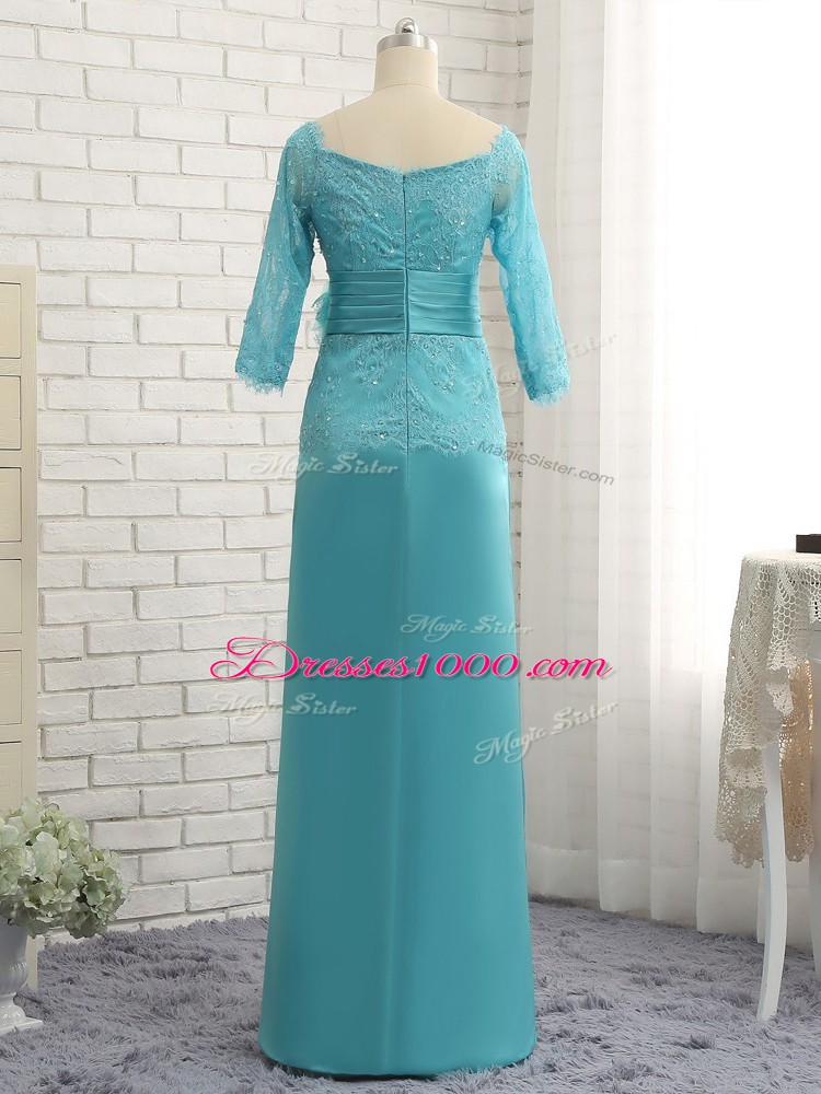 Fine Lace and Appliques and Ruching and Hand Made Flower Mother of Bride Dresses Aqua Blue Zipper Long Sleeves Floor Length