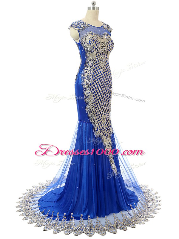 Royal Blue Prom Dress Tulle Sleeveless Beading and Lace and Appliques