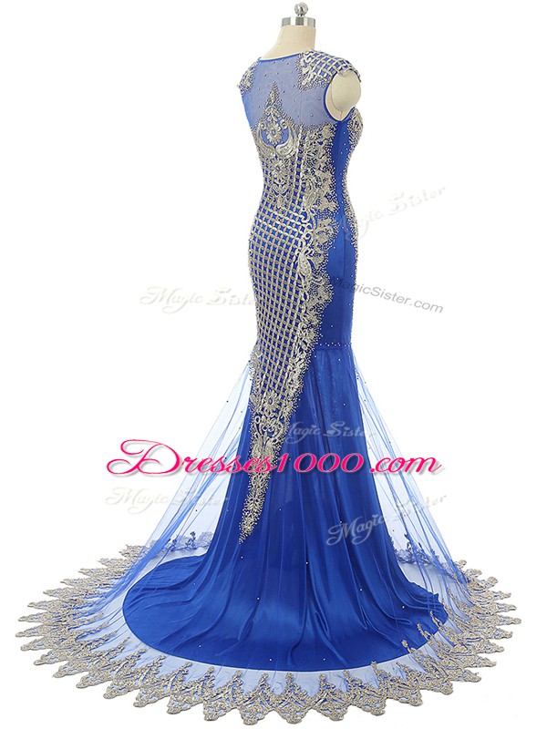Royal Blue Prom Dress Tulle Sleeveless Beading and Lace and Appliques