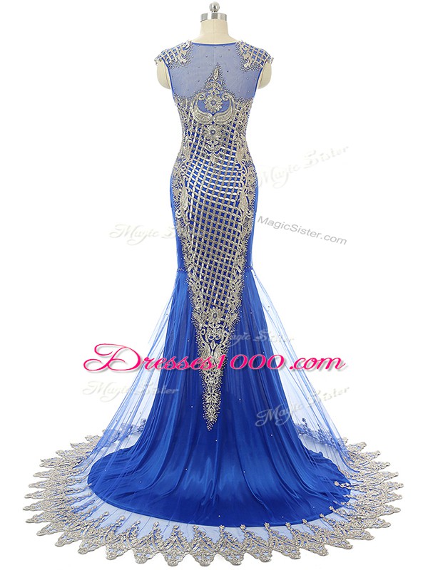 Royal Blue Prom Dress Tulle Sleeveless Beading and Lace and Appliques