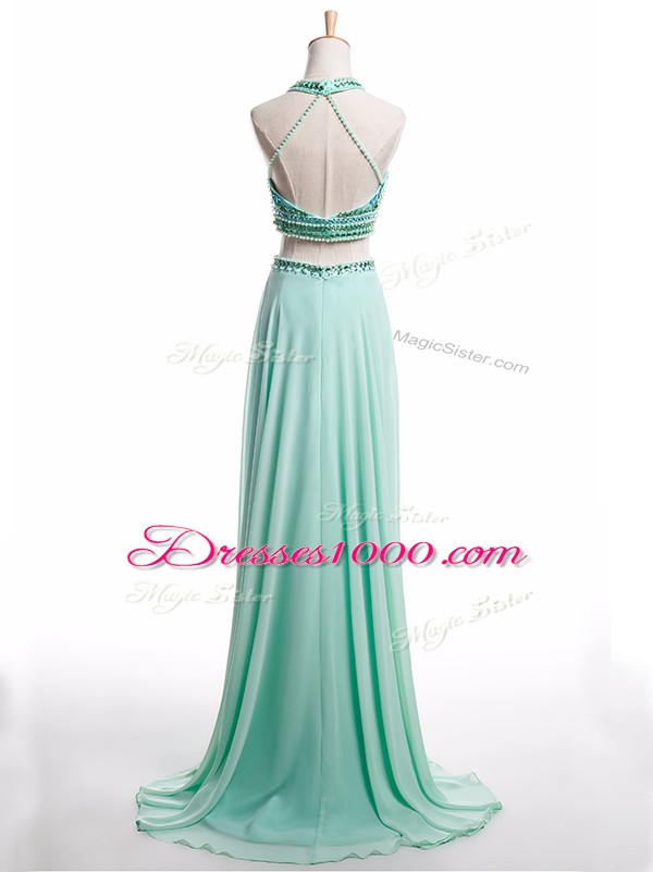 Spectacular Apple Green Sleeveless Brush Train Beading Prom Gown