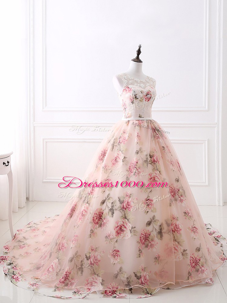 Pink Sleeveless Brush Train Lace and Appliques and Belt Prom Evening Gown