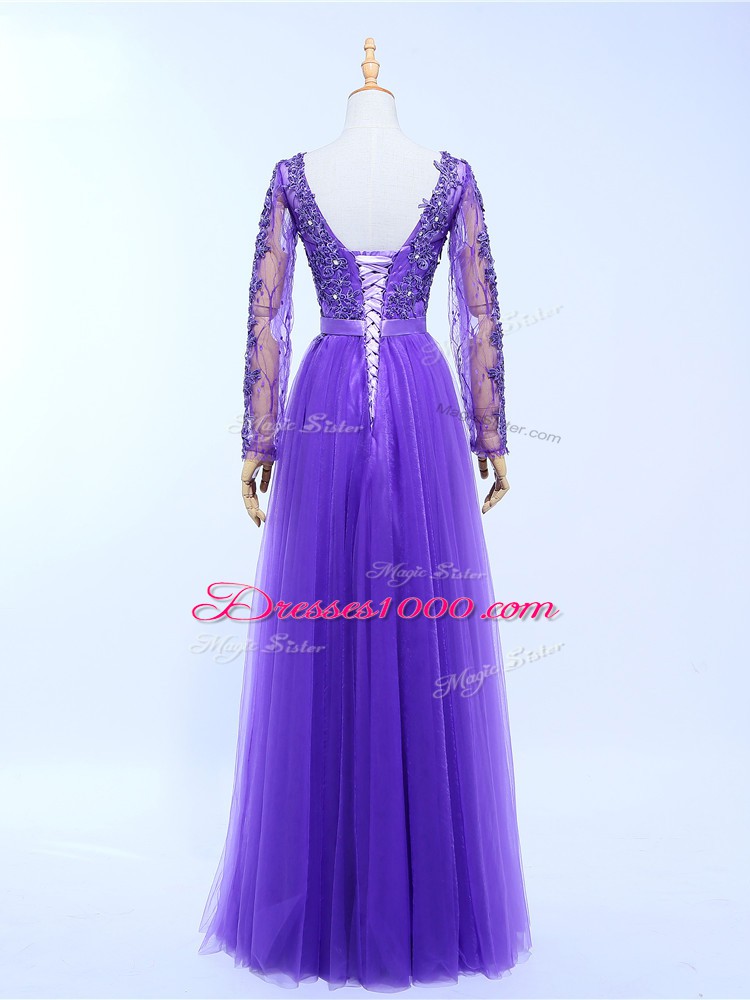 Custom Design Lavender Formal Evening Gowns Prom and Military Ball and Sweet 16 with Lace and Appliques V-neck Long Sleeves Lace Up