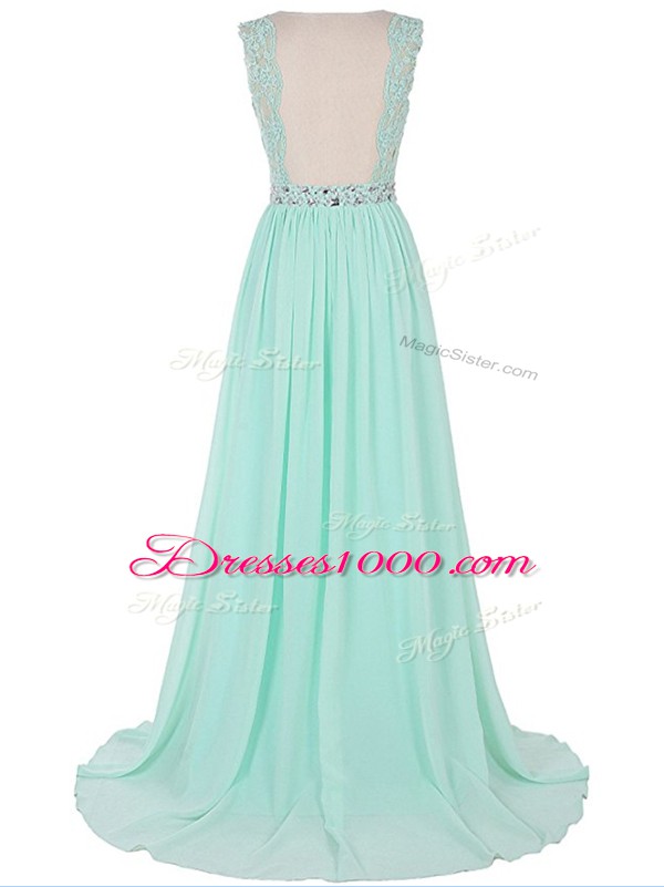 Glorious Sleeveless Chiffon Brush Train Backless Prom Party Dress in Apple Green with Beading and Lace and Appliques