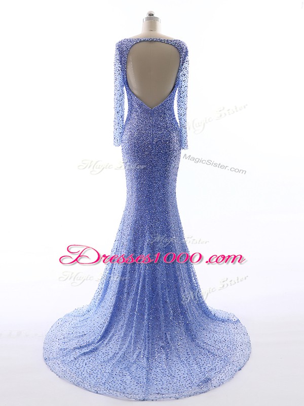 Dynamic Blue Evening Gowns Tulle Brush Train Long Sleeves Sequins