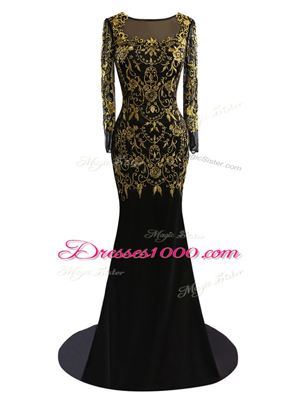 Black Column/Sheath Chiffon Scoop Long Sleeves Beading Zipper Formal Evening Gowns Brush Train