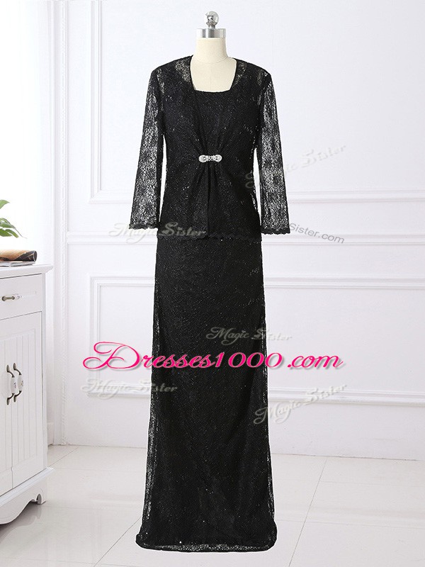 Super Black Scoop Neckline Lace Mother of Bride Dresses Long Sleeves Zipper