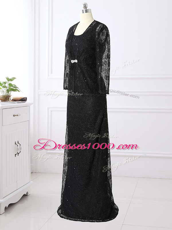 Super Black Scoop Neckline Lace Mother of Bride Dresses Long Sleeves Zipper