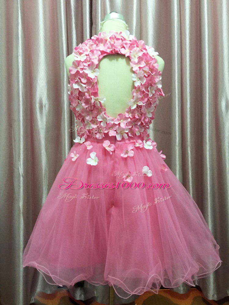 Artistic Halter Top Sleeveless Tulle Homecoming Dress Hand Made Flower Backless