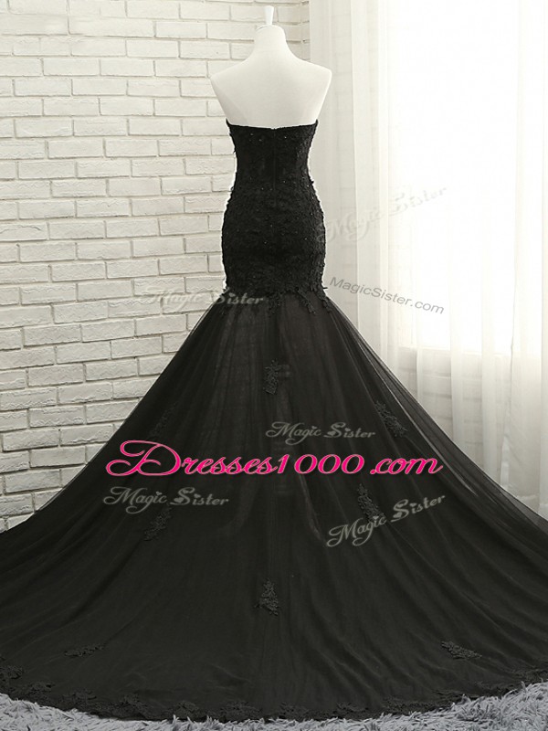 Fabulous Tulle Sweetheart Sleeveless Court Train Lace Up Lace and Appliques Dress for Prom in Black