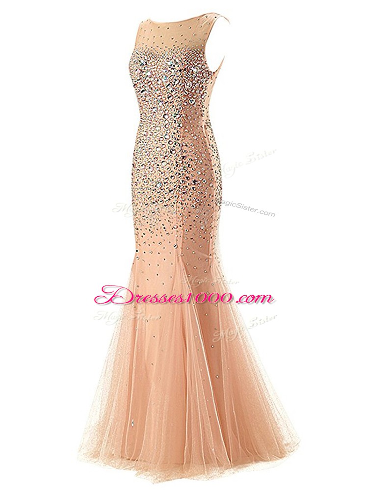 Delicate Champagne Dress for Prom Prom and Military Ball with Beading Scoop Sleeveless Zipper